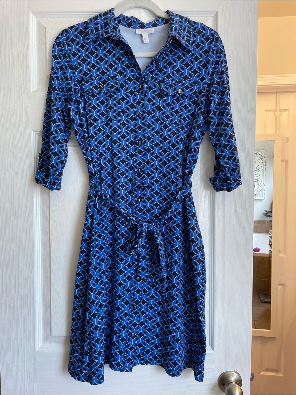 Charter Club Blue Geometric Button-Front Midi Dress